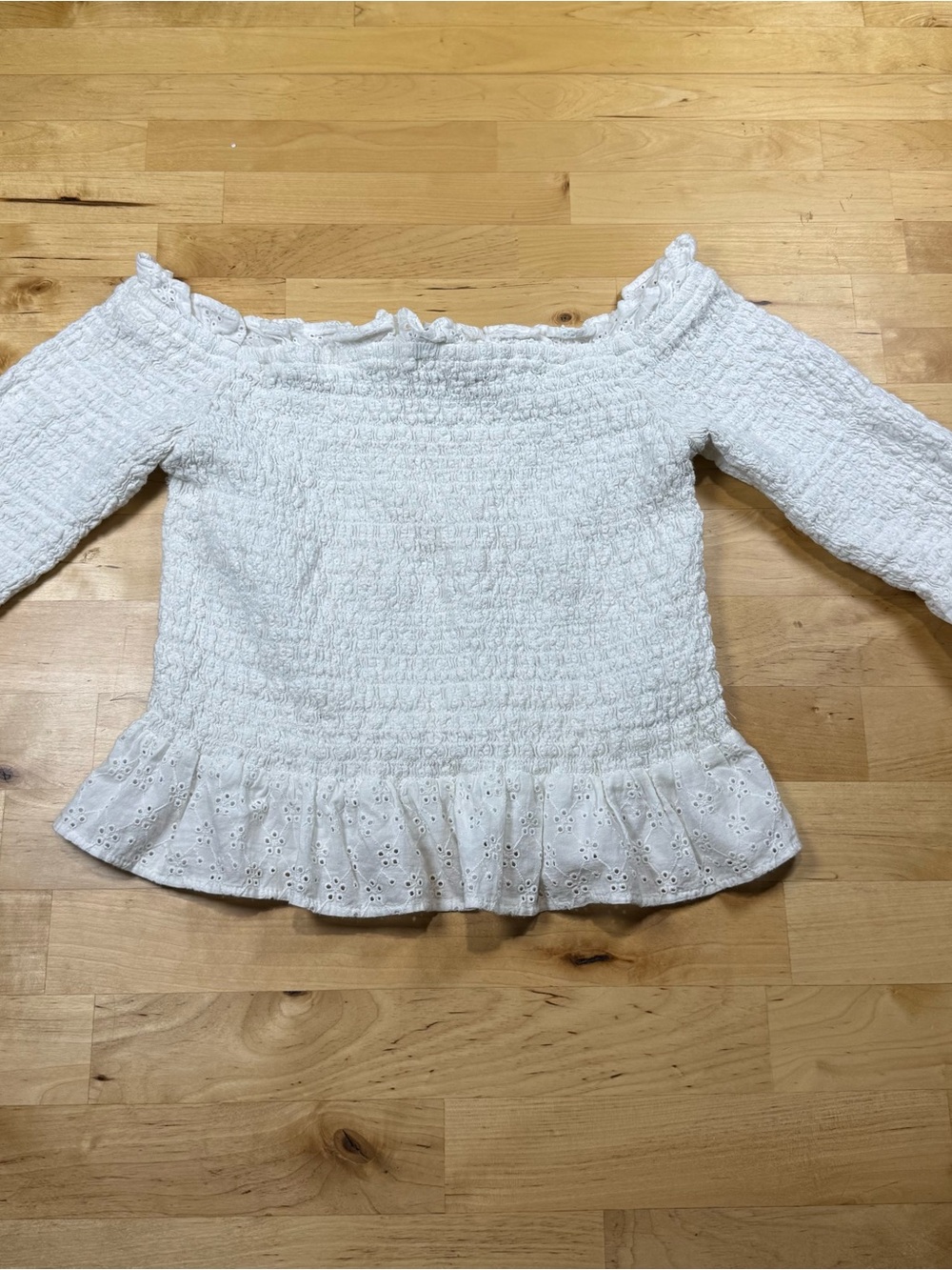American Eagle Outfitters White Smocked Off-Shoulder Ruffle Blouse